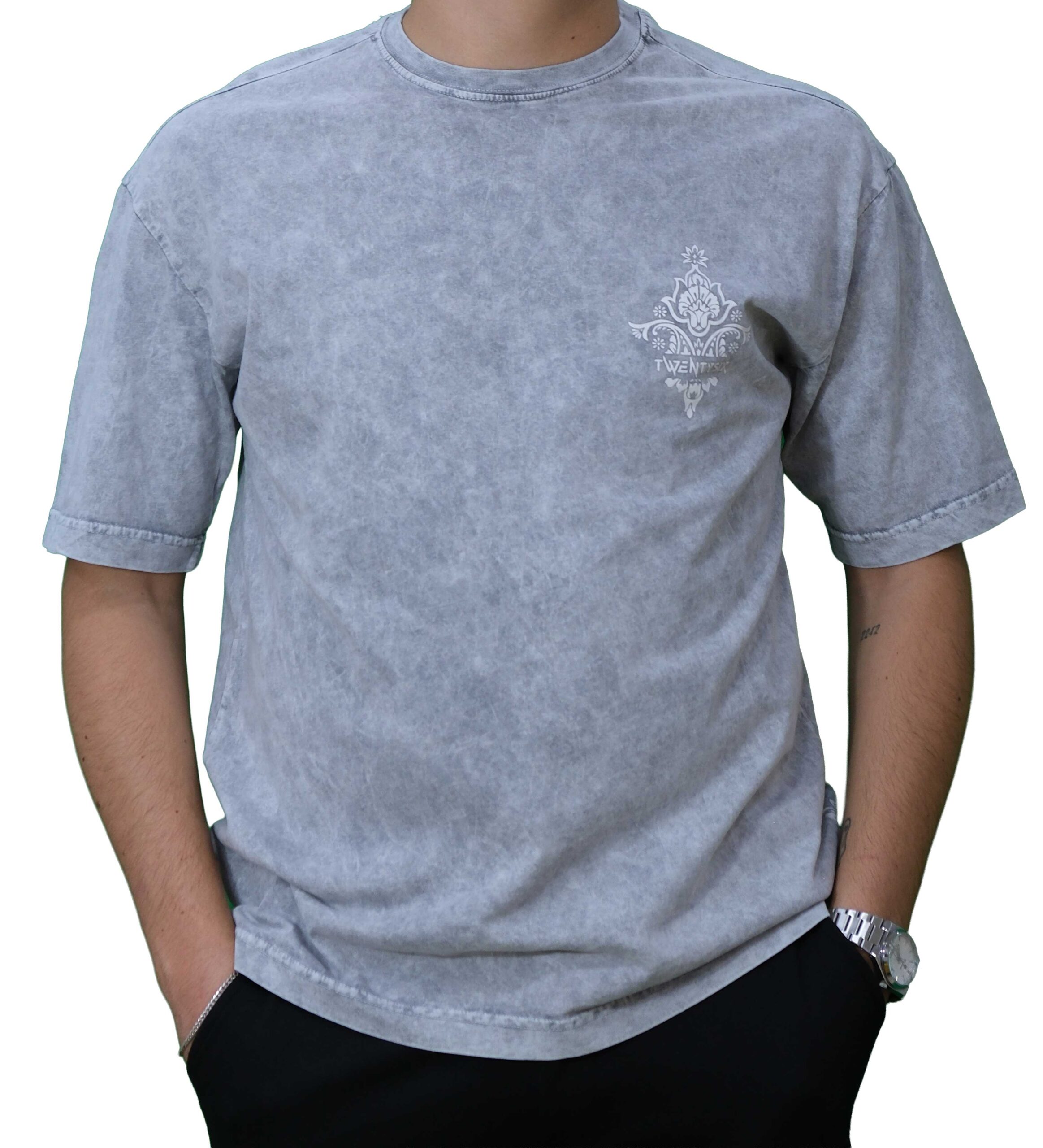 2 Oversize Yıkamalı Gri Baskılı Tişört - Görsel 1